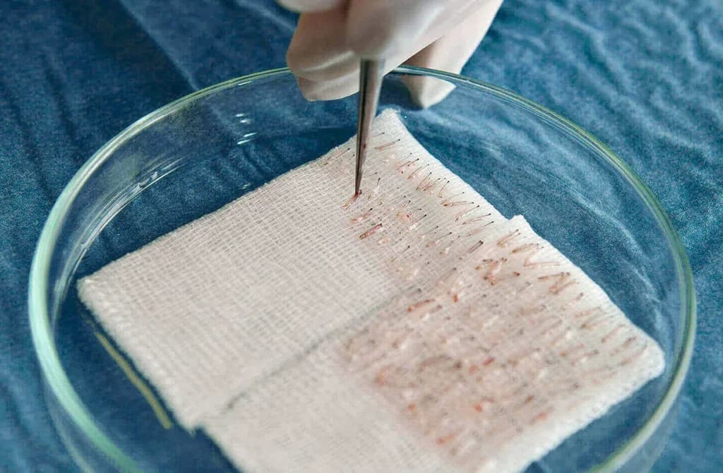 Harvested hair follicles kept moist in a petri dish