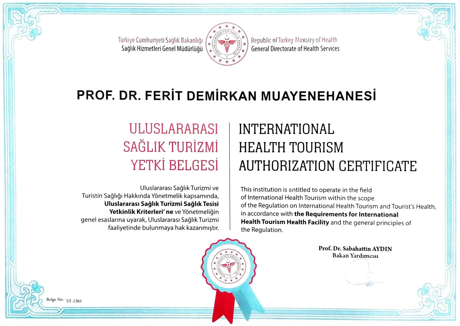 International Health Tourism Authorisation Certificate, ausgestellt an die Demirkan Clinic durch das türkische Gesundheitsministerium