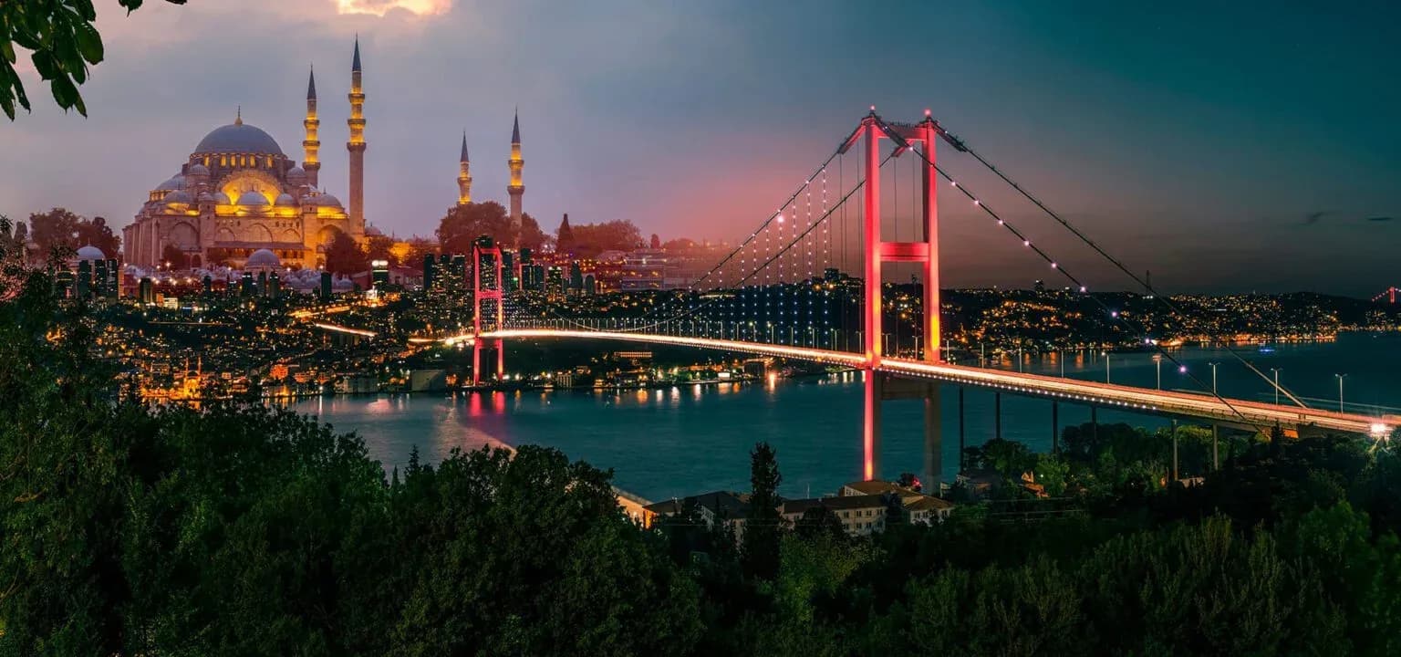 Panoramic view of Istanbul with mosque silhouette at sunset