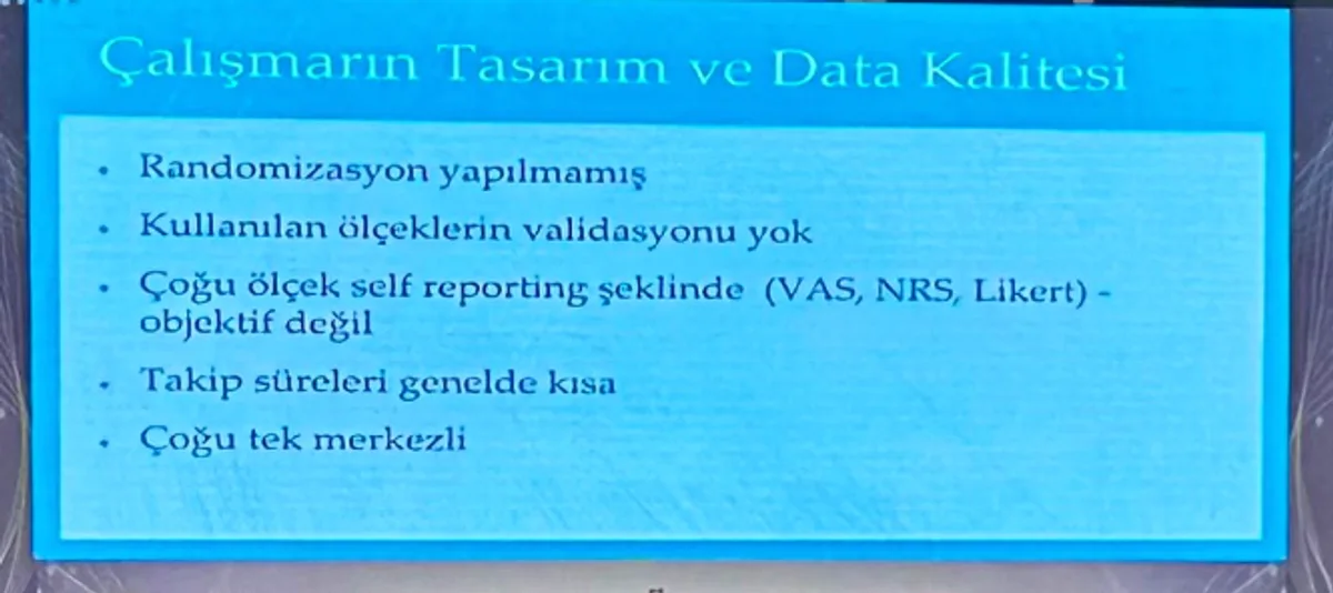 Lipödem cerrahisi çalışmalarının tasarım ve veri kalitesindeki sorunları listeleyen sunum slaydı