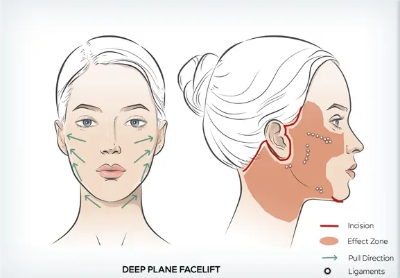 Deep plane yüz germe çizimi: kesi, etki bölgesi, çekme yönü ve ligamentler