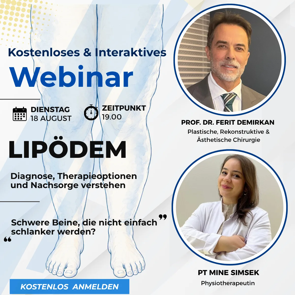 İlk ücretsiz lipödem webinarının duyuru görseli: Prof. Dr. Ferit Demirkan ve fizyoterapist Mine Şimşek